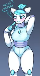 Size: 951x1814 | Tagged: suggestive, artist:immunefox, derpibooru import, anthro, human, robot, my little pony: pony life, blushing, digital art, female, humanized, image, looking at you, natalie, png, pose, simple background, solo, solo female, turquoise eyes