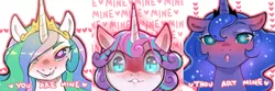 Size: 3477x1159 | Tagged: safe, artist:cold-blooded-twilight, edit, princess celestia, princess flurry heart, princess luna, alicorn, pony, blushing, crown, dialogue, family, female, filly, foal, heart, heart eyes, image, jewelry, looking at you, mare, png, regalia, royal sisters, siblings, simple background, sisters, solo, wingding eyes, yandere