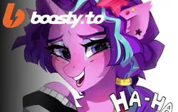 Size: 2360x1488 | Tagged: safe, artist:zlatavector, derpibooru import, starlight glimmer, pony, unicorn, 80s, 80s starlight glimmer, boosty, help, image, laughing, makeup, outfit, png, smiling, solo, support