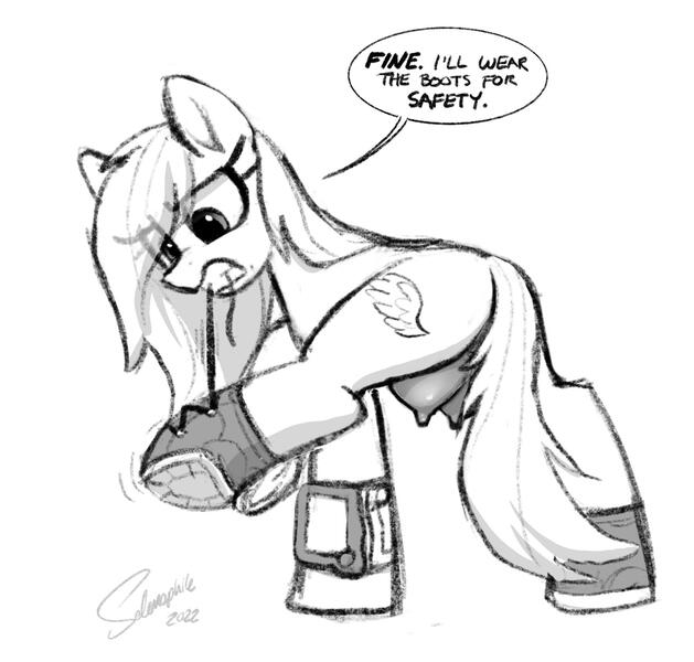 Size: 1748x1668 | Tagged: questionable, artist:selenophile, derpibooru import, oc, oc:aurora pinfeathers, pegasus, pony, fallout equestria, annoyed, boots, breasts, clothes, crotchboobs, cutie mark, fallout equestria: renewal, fanfic art, frustrated, image, jpeg, laces, messy mane, nipples, nudity, pipbuck, reaction, safety, shoes, sketch, solo, teats, tying, underboob, wingless