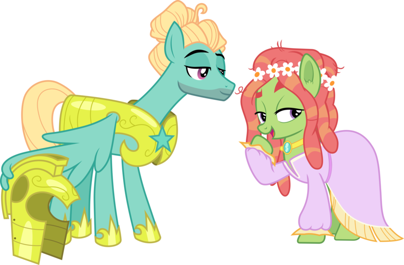 Size: 5145x3372 | Tagged: safe, artist:cloudyglow, artist:frownfactory, derpibooru import, edit, tree hugger, zephyr breeze, earth pony, pony, make new friends but keep discord, sparkle's seven, .ai available, armor, clothes, dress, female, floral head wreath, flower, helmet, hoof shoes, image, jewelry, male, mare, necklace, png, royal guard, royal guard armor, royal guard zephyr breeze, shipping, simple background, smug, stallion, straight, transparent background, vector, wings, zephyrhugger