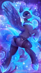 Size: 1863x3312 | Tagged: suggestive, artist:koveliana, derpibooru import, nightmare moon, alicorn, pony, chanfron, clothes, commission, female, hockless socks, image, lingerie, panties, peytral, png, socks, solo, solo female, stockings, thigh highs, underwear