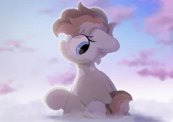 Size: 2553x1809 | Tagged: safe, artist:mochi_nation, derpibooru import, oc, oc:sunrich maron, unofficial characters only, pegasus, pony, cloud, female, freckles, image, jpeg, looking back, mare, on a cloud, redraw, sitting, sitting on cloud, sky, solo