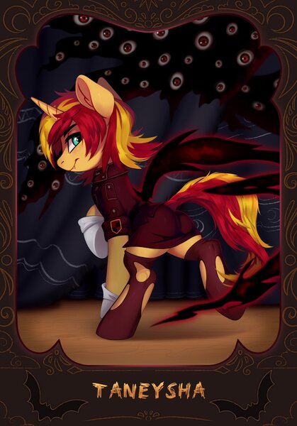 Size: 1431x2048 | Tagged: safe, artist:taneysha, derpibooru import, sunset shimmer, undead, unicorn, vampire, vampony, clothes, costume, eye, eyes, hellsing, hellsing ultimate, image, jpeg, seras victoria, solo, sunset cosplay flashmob