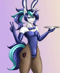 Size: 1400x1700 | Tagged: suggestive, artist:zachc, derpibooru import, shining armor, anthro, unicorn, bowtie, bunny ears, bunny suit, clothes, evening gloves, femboy, fishnet pantyhose, gloves, image, long gloves, male, peace sign, playboy bunny, playboy bunny shining armor, png, shining femboy armor, solo