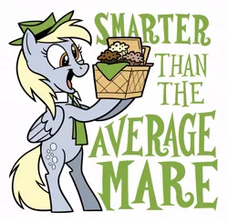 Size: 943x920 | Tagged: safe, artist:mellodillo, derpibooru import, derpy hooves, pegasus, pony, basket, bipedal, female, food, hat, image, jpeg, mare, muffin, necktie, open mouth, open smile, picnic basket, simple background, smiling, solo, text, that pony sure does love muffins, white background, yogi bear