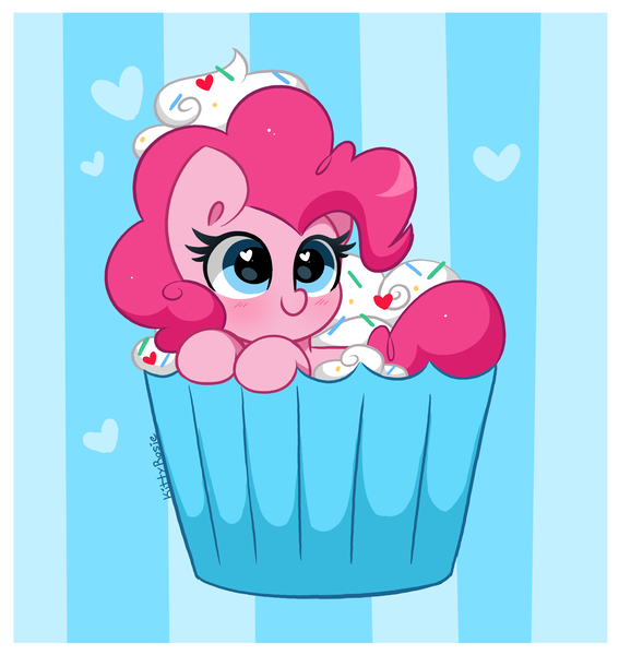 Size: 3600x3808 | Tagged: safe, artist:kittyrosie, derpibooru import, part of a set, pinkie pie, earth pony, pony, abstract background, blushing, cupcake, cute, diapinkes, female, food, heart, heart eyes, high res, image, mare, png, simple background, solo, wingding eyes