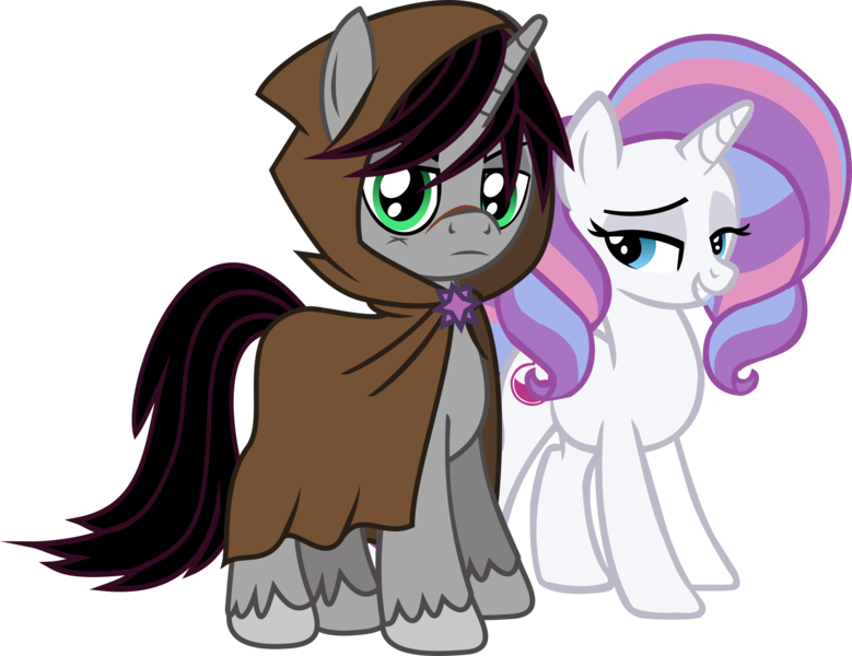 Size: 2099x1616 | Tagged: safe, artist:goldenheart4, artist:lightningbolt, derpibooru import, edit, idw, vector edit, potion nova, shadow lock, pony, unicorn, villains of equestria collab, my little pony: pony life, spoiler:comic, .svg available, bedroom eyes, cape, clothes, crack shipping, derpibooru exclusive, eyeshadow, female, g4.5 to g4, grin, hood, hood up, horn, idw showified, image, looking at you, makeup, male, mare, png, scar, shadownova, shipping, simple background, smiling, stallion, standing, straight, transparent background, unshorn fetlocks, vector