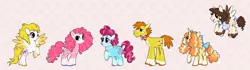 Size: 2412x680 | Tagged: safe, artist:deadmouseseverywhere, derpibooru import, carrot cake, cup cake, pinkie pie, pound cake, pumpkin cake, surprise, earth pony, pegasus, pony, unicorn, alternate design, bald face, blaze (coat marking), bow, bowtie, checkered background, coat markings, colored hooves, facial markings, female, freckles, hair bow, hair over one eye, image, jewelry, male, mare, necklace, older, older pound cake, older pumpkin cake, pearl necklace, png, rearing, socks (coat marking), stallion, tail, tail bow, the cakes, twitterina design, unshorn fetlocks