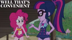 Size: 1280x720 | Tagged: safe, derpibooru import, edit, edited screencap, editor:quoterific, screencap, pinkie pie, sci-twi, twilight sparkle, equestria girls, equestria girls series, x marks the spot, beach, clothes, duo, duo female, female, geode of sugar bombs, geode of telekinesis, glasses, grin, hand on hip, image, jewelry, jpeg, magical geodes, necklace, one-piece swimsuit, open mouth, open smile, ponytail, smiling, swimsuit, text