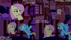 Size: 1280x720 | Tagged: safe, derpibooru import, edit, edited screencap, editor:quoterific, screencap, fluttershy, rainbow dash, pegasus, pony, season 2, the super speedy cider squeezy 6000, bed, blanket, blushing, duo, female, fluttershy sleeps naked, fluttershy's cottage, flying, grin, image, mare, nervous, nervous grin, night, open mouth, png, smiling, spread wings, text, wings