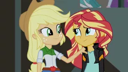 Size: 3410x1920 | Tagged: safe, derpibooru import, screencap, applejack, sunset shimmer, equestria girls, friendship games, applejack's hat, belt, clothes, cowboy hat, denim skirt, duo, duo female, female, hat, high res, image, jacket, jpeg, leather, leather jacket, looking at each other, skirt, smiling, smiling at each other