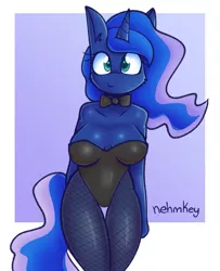Size: 1157x1427 | Tagged: safe, artist:nehmkey, derpibooru import, princess luna, alicorn, anthro, bowtie, breasts, busty princess luna, cleavage, clothes, female, fishnet pantyhose, image, leotard, looking at you, png, smiling, solo