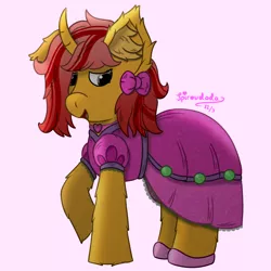 Size: 2000x2000 | Tagged: safe, artist:spiroudada, derpibooru import, oc, oc:dolly hooves, oc:silk glove, unofficial characters only, pony, unicorn, clothes, colt, crossdressing, cute, dress, embarrassed, foal, image, male, pink, png, ponysona, ribbon, shoes, simple background, smiling, solo, stallion