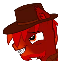 Size: 2100x2200 | Tagged: safe, artist:firehearttheinferno, derpibooru import, oc, oc:lance longmane, pegasus, pony, fallout equestria, beard, blaze (coat marking), clothes, coat markings, cowboy hat, coy, digital art, ear fluff, ear tufts, facial hair, facial markings, fallout equestria: equestria the beautiful, fangs, goatee, grin, hat, image, jacket, leather jacket, male, messy mane, orange eyes, orange mane, pegasus oc, png, red mane, sharp teeth, smiling, smirk, solo, stallion, teeth, vest, wings