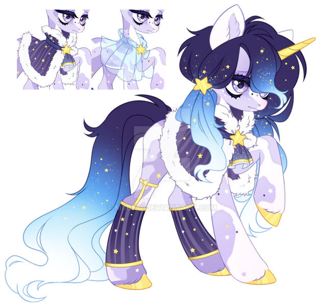 Size: 1024x970 | Tagged: safe, artist:miioko, derpibooru import, oc, unofficial characters only, pony, unicorn, clothes, deviantart watermark, ethereal mane, eyelashes, female, hair over one eye, horn, image, jpeg, mare, obtrusive watermark, raised hoof, starry mane, unicorn oc, watermark