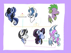 Size: 1280x960 | Tagged: safe, artist:rose-moonlightowo, derpibooru import, fancypants, rarity, spike, oc, oc:lilienthal emerald, oc:porcelain dollface, oc:wendy, dracony, hybrid, pony, unicorn, alternate design, base used, dead, deviantart watermark, family tree, female, halo, image, interspecies offspring, jpeg, male, obtrusive watermark, offspring, older, older spike, parent:fancypants, parent:rarity, parent:spike, parents:raripants, parents:sparity, raripants, shipping, sparity, straight, watermark