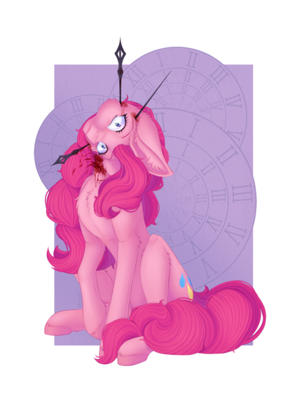 Size: 1024x1449 | Tagged: grimdark, artist:maneblue, derpibooru import, pinkie pie, earth pony, pony, blood, ear fluff, eyelashes, female, image, mare, neck snap, png, simple background, smiling, solo, transparent background