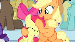Size: 1266x720 | Tagged: safe, derpibooru import, screencap, apple bloom, applejack, sassaflash, sunshower raindrops, earth pony, pony, equestria games (episode), season 4, ^^, adorabloom, apple bloom's bow, bow, butt, cute, duo focus, eyes closed, female, filly, foal, hair bow, image, jackabetes, mare, noogie, png, sibling love, sisterly love