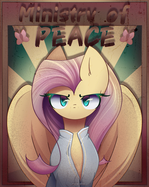 Size: 2000x2500 | Tagged: safe, artist:miryelis, derpibooru import, fluttershy, pegasus, pony, fallout equestria, clothes, image, jpeg, looking at you, ministry mares, ministry of peace, poster, solo, text, wings