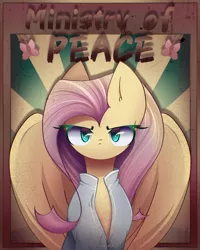 Size: 2000x2500 | Tagged: safe, artist:miryelis, derpibooru import, fluttershy, pegasus, pony, fallout equestria, 1984, clothes, image, jpeg, looking at you, ministry mares, ministry of peace, poster, propaganda, solo, text, wings