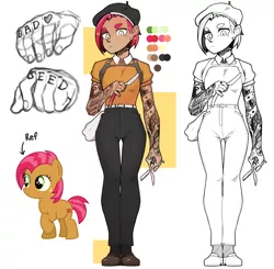 Size: 6737x6600 | Tagged: safe, artist:sugarelement, derpibooru import, apple bloom, babs seed, scootaloo, sweetie belle, human, equestria girls, barber, cutie mark crusaders, humanized, image, png, razor blade, reference used, scissors, solo, tattoo
