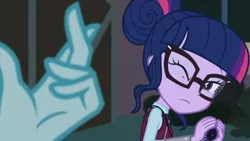 Size: 3410x1920 | Tagged: safe, derpibooru import, screencap, principal abacus cinch, sci-twi, twilight sparkle, equestria girls, friendship games, canterlot high, female, glasses, high res, image, jpeg, magic capture device, offscreen character, one eye closed, solo focus, unleash the magic