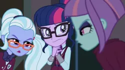 Size: 3410x1920 | Tagged: safe, derpibooru import, screencap, sci-twi, sugarcoat, sunny flare, twilight sparkle, equestria girls, friendship games, canterlot high, female, glasses, high res, image, jpeg, magic capture device, open mouth, trio, trio female, unleash the magic