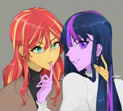 Size: 1000x900 | Tagged: safe, artist:extraluna, derpibooru import, sunset shimmer, twilight sparkle, equestria girls, clothes, ear piercing, earring, female, finger, image, jewelry, jpeg, lesbian, piercing, shipping, simple background, sunsetsparkle