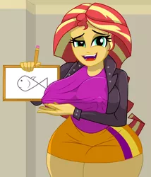 Size: 1200x1400 | Tagged: suggestive, artist:mashoart, derpibooru import, sunset shimmer, fish, equestria girls, big breasts, breasts, busty sunset shimmer, clothes, drawing, erect nipples, female, image, jpeg, lidded eyes, nipple outline, open mouth, open smile, pencil, skirt, smiling, solo, solo female, thighs, thunder thighs