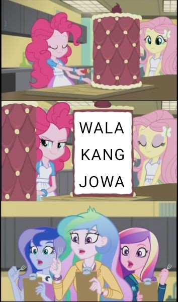 Size: 354x600 | Tagged: safe, artist:decokelow, derpibooru import, fluttershy, princess cadance, princess celestia, princess luna, human, equestria girls, friendship games, cake, dean cadance, filipino, food, image, meme, philippines, png, principal celestia, shocked, shocked expression, smiling, smirk, tagalog, vice principal luna, wala kang jowa