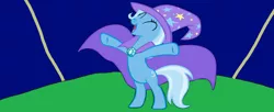 Size: 1280x523 | Tagged: safe, artist:disneyponyfan, derpibooru import, trixie, pony, unicorn, ^^, bipedal, cape, clothes, eyes closed, female, full body, hat, hooves, image, jpeg, mare, open mouth, open smile, smiling, solo, standing, tail, trixie's cape, trixie's hat, two toned tail
