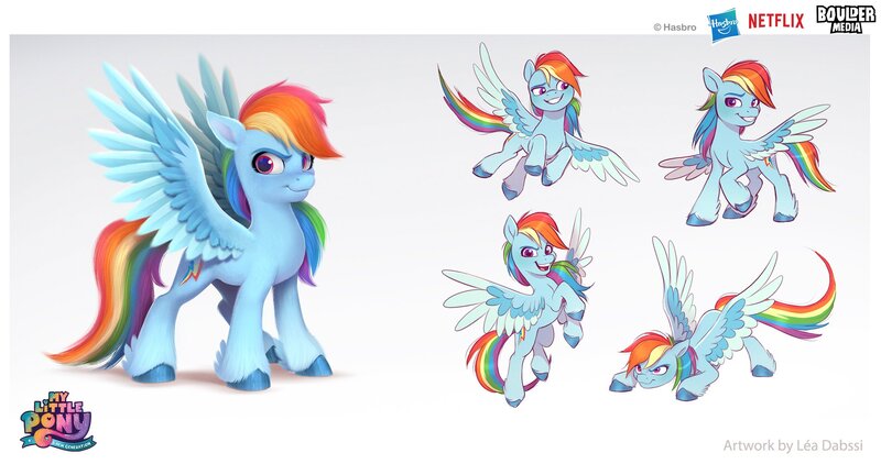 Size: 2048x1080 | Tagged: safe, artist:imalou, boulder media, derpibooru import, rainbow dash, pegasus, pony, my little pony: a new generation, behind the scenes, boulder media logo, concept art, g5, hasbro, hasbro logo, image, jpeg, logo, my little pony: a new generation logo, netflix, netflix logo, solo