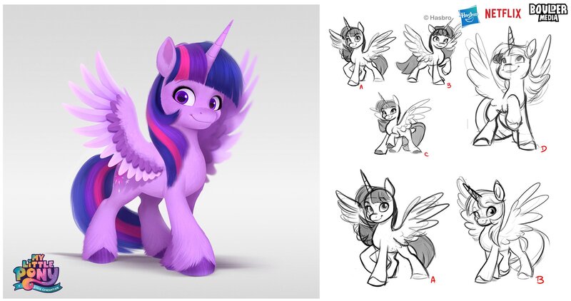 Size: 2048x1080 | Tagged: safe, artist:imalou, boulder media, derpibooru import, twilight sparkle, twilight sparkle (alicorn), alicorn, pony, my little pony: a new generation, behind the scenes, boulder media logo, concept art, g5, hasbro, hasbro logo, image, jpeg, logo, my little pony: a new generation logo, netflix, netflix logo, solo