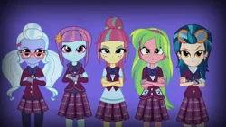 Size: 3410x1920 | Tagged: safe, derpibooru import, screencap, indigo zap, lemon zest, sour sweet, sugarcoat, sunny flare, equestria girls, friendship games, crossed arms, female, high res, image, jpeg, unleash the magic