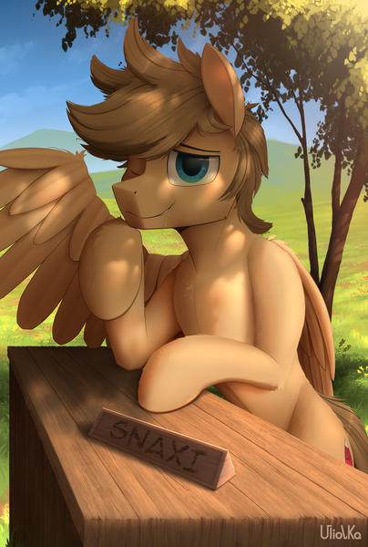 Size: 2571x3818 | Tagged: safe, artist:uliovka, derpibooru import, oc, unofficial characters only, pegasus, pony, grass, grass field, image, looking at you, male, png, scenery, smiling, tree