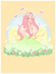 Size: 1900x2500 | Tagged: safe, artist:infamousrebel, derpibooru import, fluttershy, human, pegasus, blushing, butterfy, clothes, cottagecore, cute, dress, eyebrows, eyelash cliping through hair, feather, flower, flower head wreath, flower in hair, gloves, grass, humanized, image, makeup, pastel, pegasus wings, petals in hair, pink hair, png, shy, simple background, sketch, wings, yellow background