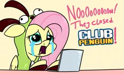 Size: 1189x707 | Tagged: safe, artist:moonatik, derpibooru import, fluttershy, pegasus, pony, antonymph, clothes, club penguin, computer, crying, female, fluttgirshy, gir, hoodie, image, laptop computer, mare, png, solo