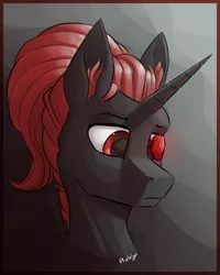 Size: 2000x2500 | Tagged: safe, artist:stardustspix, derpibooru import, oc, oc:protege, unofficial characters only, pony, unicorn, fallout equestria, fallout equestria: murky number seven, bust, ear fluff, fanfic art, horn, image, male, png, ponytail, red and black oc, solo, stallion