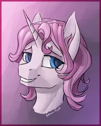 Size: 2000x2500 | Tagged: safe, artist:stardustspix, derpibooru import, oc, oc:glimmerlight, unofficial characters only, pony, unicorn, fallout equestria, fallout equestria: murky number seven, bust, ear fluff, fanfic art, female, horn, image, mare, png, smiling, solo