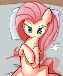 Size: 1150x1385 | Tagged: suggestive, artist:solid shrimp, derpibooru import, fluttershy, pegasus, bed, image, onomatopoeia, png, pomf, solo