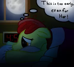 Size: 800x733 | Tagged: safe, artist:metalponyfan, derpibooru import, apple bloom, earth pony, pony, bed, clock, digital clock, early, image, jpeg, moon, on bed, solo, thought bubble, waking up, window