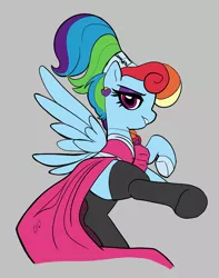 Size: 730x928 | Tagged: artist needed, safe, derpibooru import, rainbow dash, pegasus, pony, aggie.io, alternate hairstyle, clothes, dress, female, frown, gray background, image, looking back, mare, megaradash, png, raised hoof, simple background, socks, solo, spread wings, wings