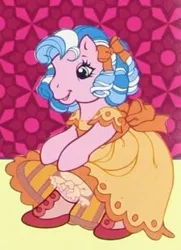 Size: 225x310 | Tagged: safe, artist:lyn fletcher, derpibooru import, official, cotton candy (g3), earth pony, pony, bipedal, bloomers, bow, clothed ponies, clothes, cotton candy, curly hair, dress, g3, hair bow, image, jpeg, official art, orange dress, pattern, ringlets, shoes, short hair, skirt, skirt lift, solo, the world's biggest tea party, victorian dress