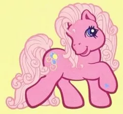 Size: 260x240 | Tagged: safe, derpibooru import, official, pinkie pie, pinkie pie (g3), earth pony, pony, curly hair, curly mane, g3, image, jpeg, official art, pink coat, pink hair, pose, raised hoof, simple, simple background, solo, the world's biggest tea party, yellow background