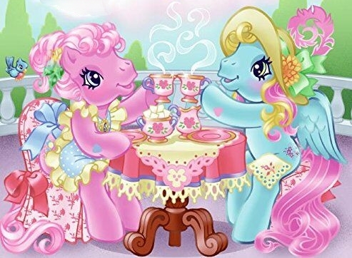Size: 493x362 | Tagged: safe, artist:lyn fletcher, derpibooru import, official, pinkie pie, pinkie pie (g3), thistle whistle, bird, earth pony, pegasus, pony, balcony, chair, clothed ponies, clothes, cropped, cup, dress, duo, duo female, fancy, female, food, g3, hat, holding, image, jpeg, napkin, official art, railing, sitting, table, tea, tea party, teacup, the world's biggest tea party