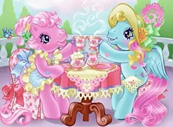 Size: 493x362 | Tagged: safe, artist:lyn fletcher, derpibooru import, official, pinkie pie, pinkie pie (g3), thistle whistle, bird, earth pony, pegasus, pony, balcony, chair, clothed ponies, clothes, cropped, cup, dress, duo, duo female, fancy, female, food, g3, hat, holding, image, jpeg, napkin, official art, railing, sitting, table, tea, tea party, teacup, the world's biggest tea party