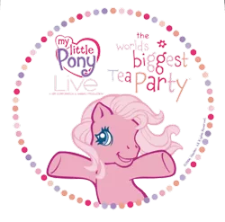 Size: 497x492 | Tagged: safe, derpibooru import, official, pinkie pie, pinkie pie (g3), earth pony, pony, my little pony live, circle, g3, half body, image, logo, png, pose, simple background, solo, text, the world's biggest tea party, transparent background, vector, waving