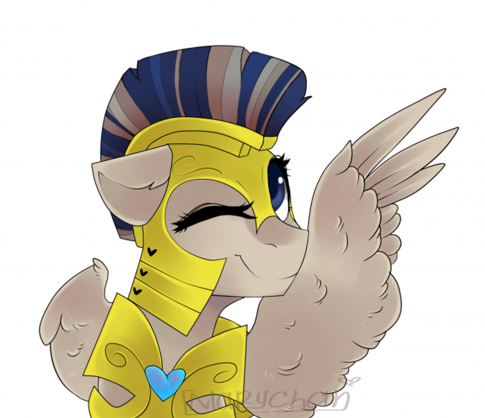 Size: 700x603 | Tagged: safe, artist:ijustmari, derpibooru import, oc, oc:updraft, unofficial characters only, pegasus, pony, armor, female, floppy ears, image, looking at you, one eye closed, pegasus oc, png, royal guard armor, simple background, solo, solo female, wings, wink, winking at you
