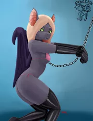 Size: 500x647 | Tagged: suggestive, artist:warskunk, derpibooru import, oc, oc:sanguine morning, anthro, bat pony, bat pony oc, bat wings, bikini, bondage, chained, chains, clothes, cuffs, female, gloves, image, jpeg, latex, latex boots, latex gloves, looking at you, solo, solo female, swimsuit, wings